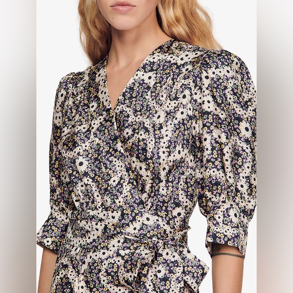 🆕 SANDRO Enrika Paisly -Print Silk Midi Multicolore Floral Wrap Belted Dress💃 - Picture 5 of 12